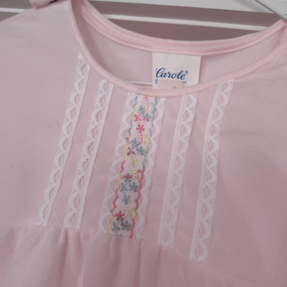 Vintage Carole Pink Nightgown with Lace and Floral Embroidery Cottage core